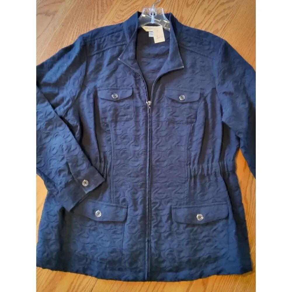 J26 Christopher & Banks Petite Soft Textured Navy Zip-Front Womens Jacket
